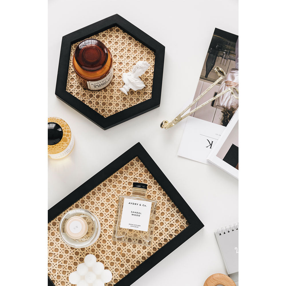 Rattan Cane and Wood Frame Decorative Tray