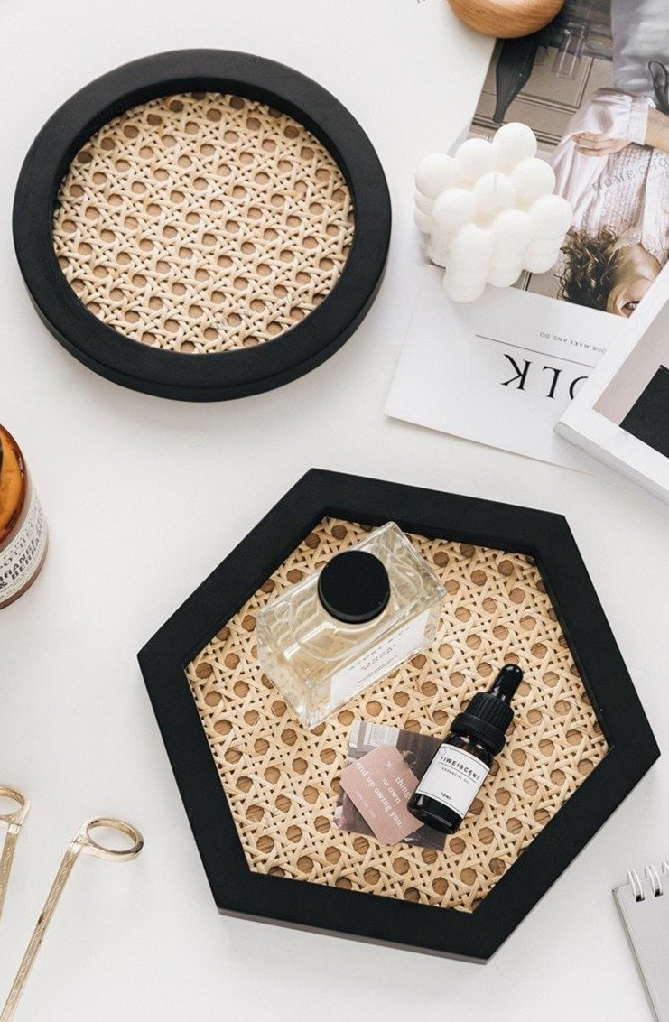 Rattan Cane and Wood Frame Decorative Tray