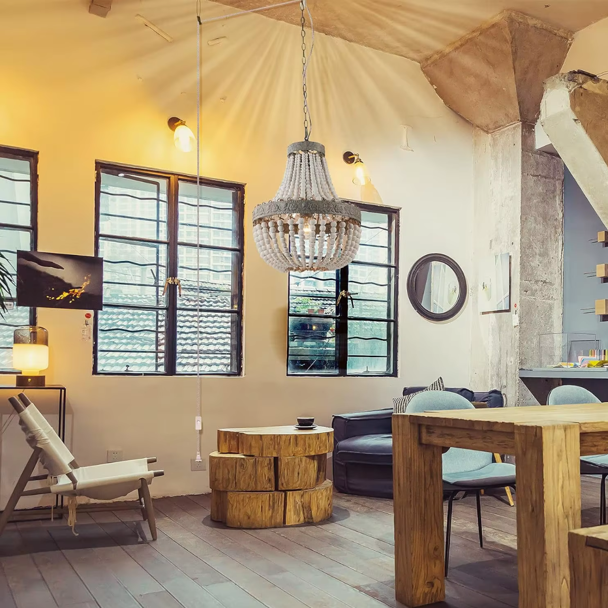 Wooden Bead Cascade Pendant Lamp