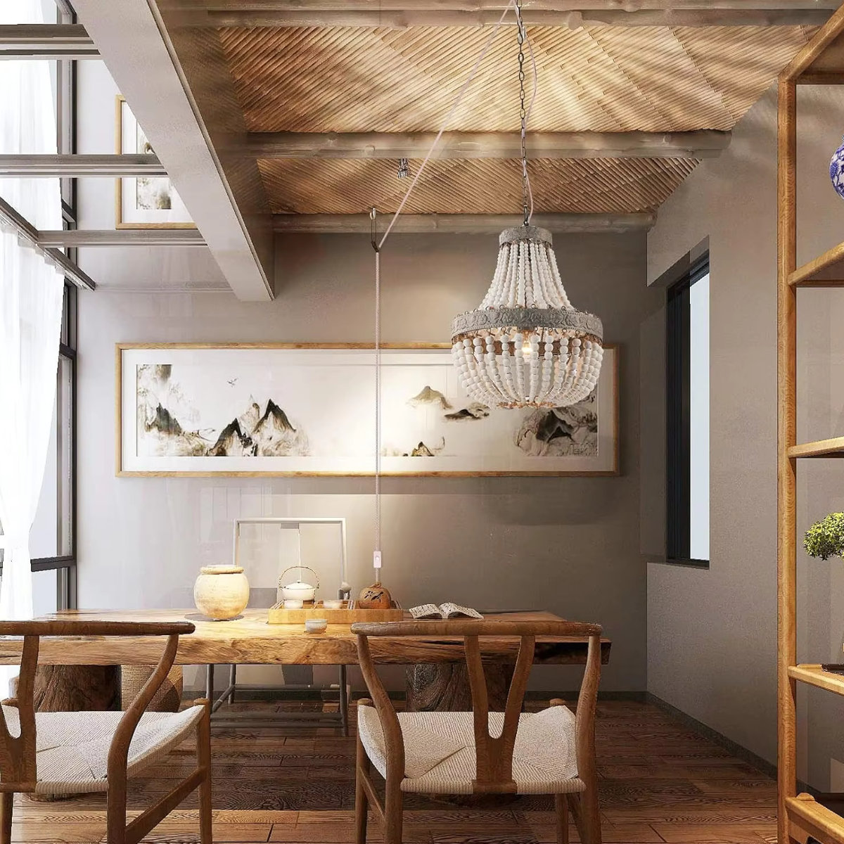 Wooden Bead Cascade Pendant Lamp