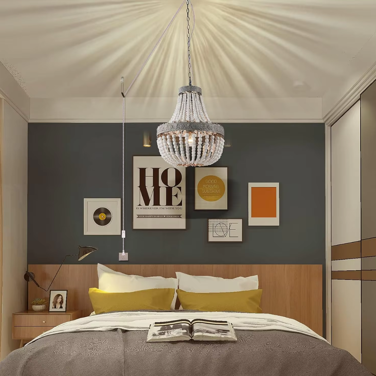 Wooden Bead Cascade Pendant Lamp