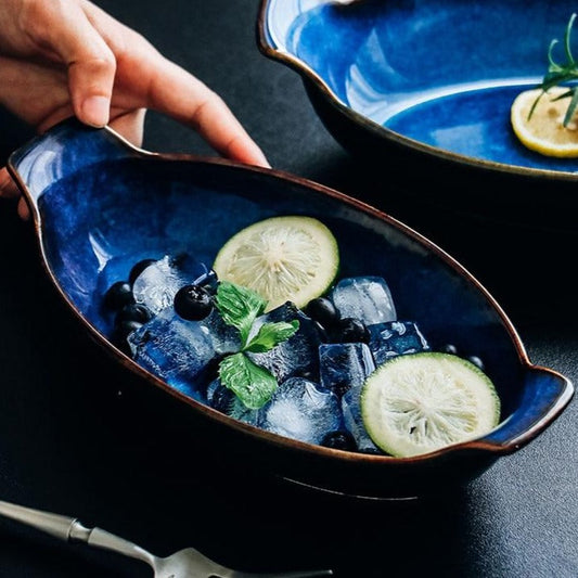 Indigo Oval Serving Plates with Handles