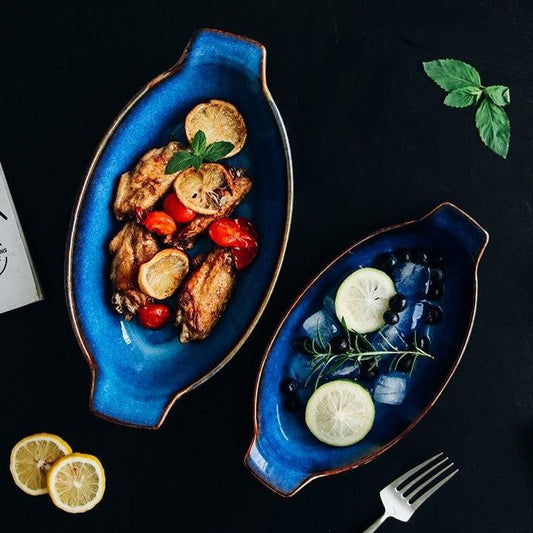 Indigo Oval Serving Plates with Handles